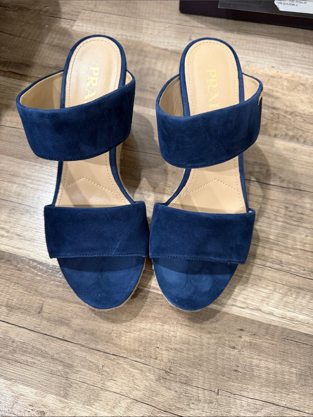 Prada Navy Suede Double Band Slide Mules